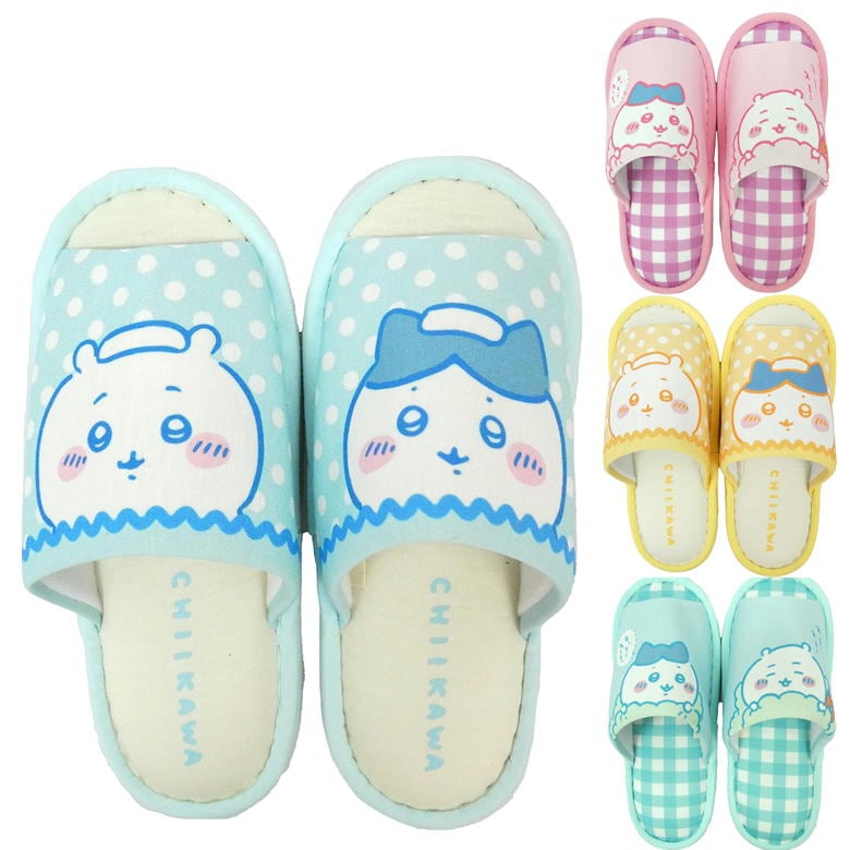 ちいかわ ハチワレ オープンスリッパ ドット ギンガムチェック 飛馬日本 キャラクタースリッパ 前開き 23-25cm