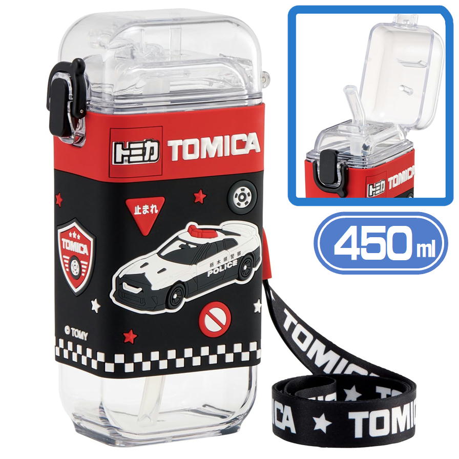 トミカ 水筒 450ml スケーター PSQ5ST スクエア ストローボトル カバー付 ワンタッチ ショルダーベルト付 子供 パトカー 消防車 車