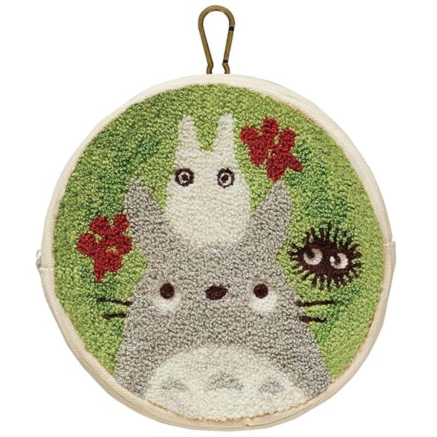 ポーチ ジブリ となりのトトロ 円型ポーチ サガラ刺繍 葉っぱリース 丸眞 1165057800 コスメポーチ 小物入れ カラビナ付 丸型 キャラクター