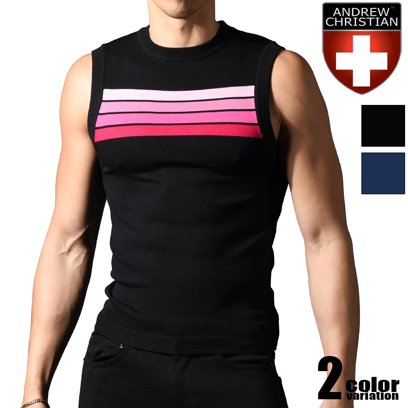 AndrewChristian/����ɥ�塼���ꥹ����� Knit Stripe Sleeveless µ�ʤ� �ȥåץ� ���꡼�֥쥹 �ܡ����� ��� ���롼�ͥå�