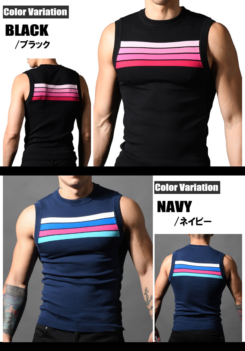 AndrewChristian/����ɥ�塼���ꥹ����� Knit Stripe Sleeveless µ�ʤ� �ȥåץ� ���꡼�֥쥹 �ܡ����� ��� ���롼�ͥå�