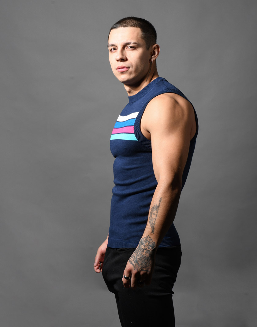 AndrewChristian/����ɥ�塼���ꥹ����� Knit Stripe Sleeveless µ�ʤ� �ȥåץ� ���꡼�֥쥹 �ܡ����� ��� ���롼�ͥå�