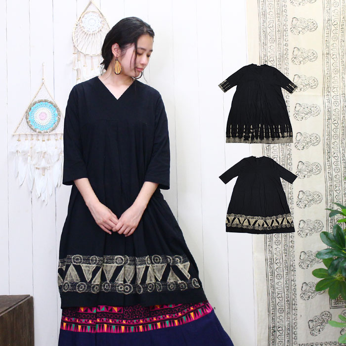 エスニック ワンピース 5分袖 レディース カシュクール風デザイン モノトーンワンピース メール便不可 ワンピース ワンピース ショート ミディアム エスニック アジアン ティントン本店