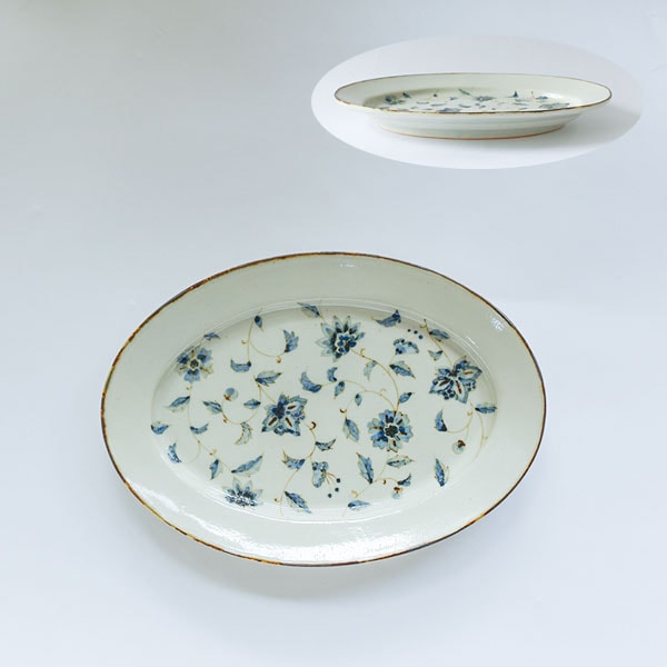 大井寛史・萌子　染付　更紗オーバル　大　17×24ｃｍ