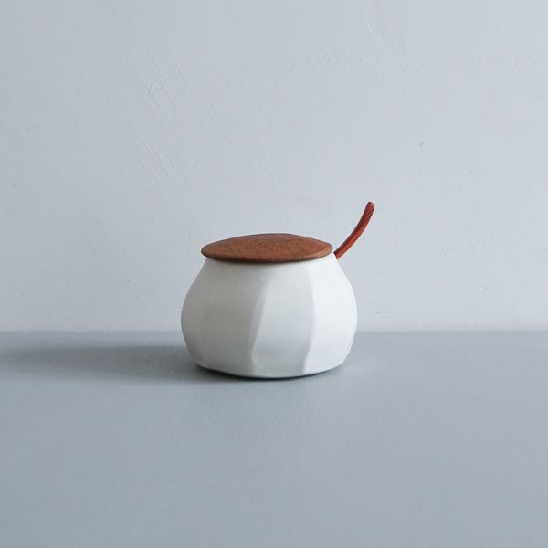 馬場勝文　白磁マット木のふたシュガーポット（面取）　大　匙付き　A