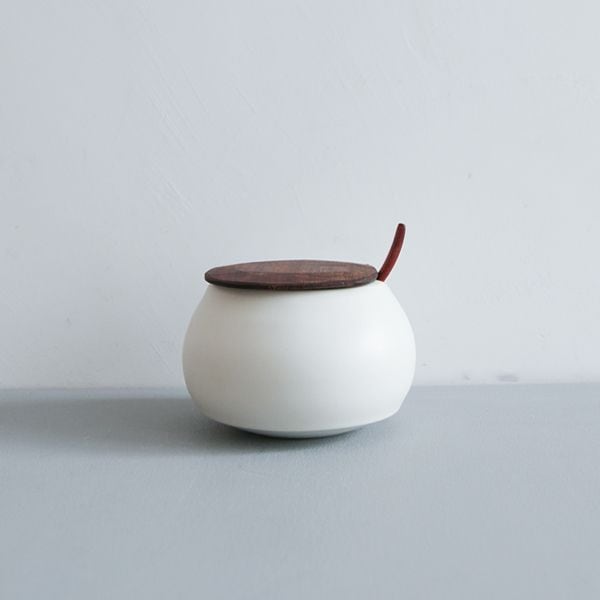 馬場勝文　白磁マット木のふた　シュガーポット　大　匙付き　F