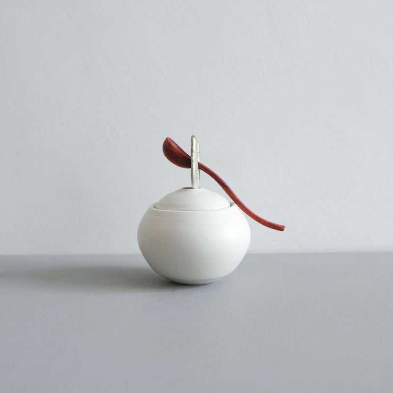 馬場勝文　白磁マット　錫のつまみさとう塩つぼ　中 　Model・G