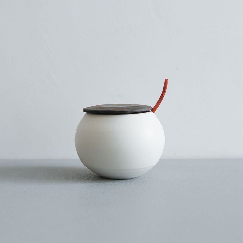 馬場勝文　白磁マット木のふた　シュガーポット　大　匙付き　A