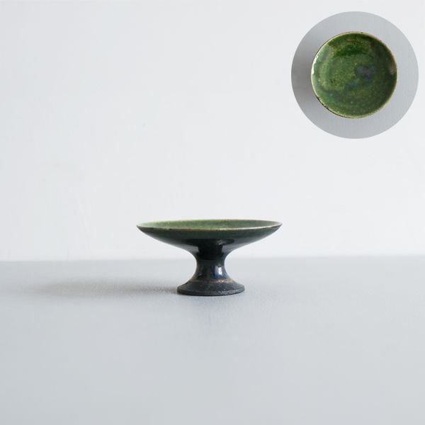 黒木泰等　織部高足三寸豆皿　Φ9cm　H4.5cm　