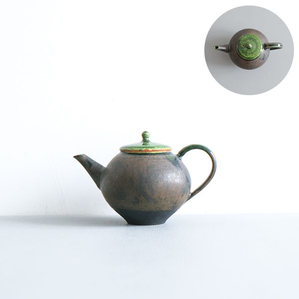 黒木泰等　織部後手急須　9×13.5cm　H8cm　B