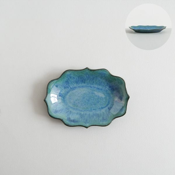 上國料正記　楕円小皿　青　11.5×16.5ｃｍ　