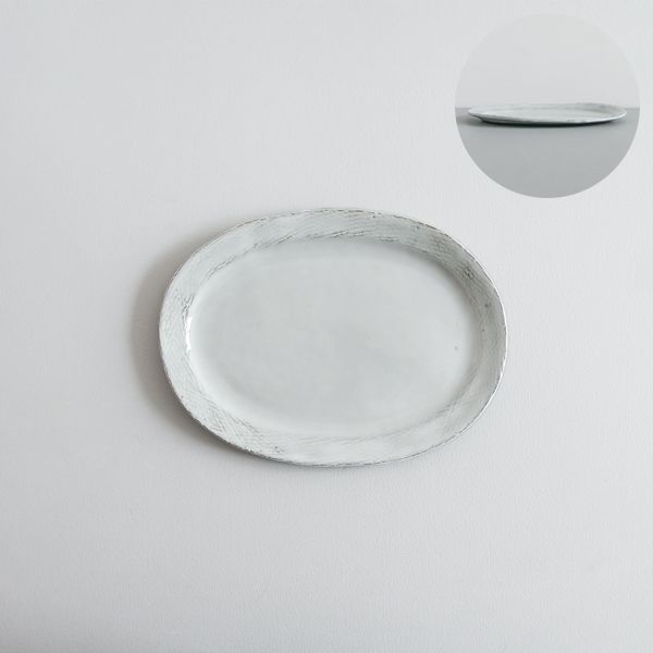 上國料正記　だ円皿櫛目　白　15×20ｃｍ