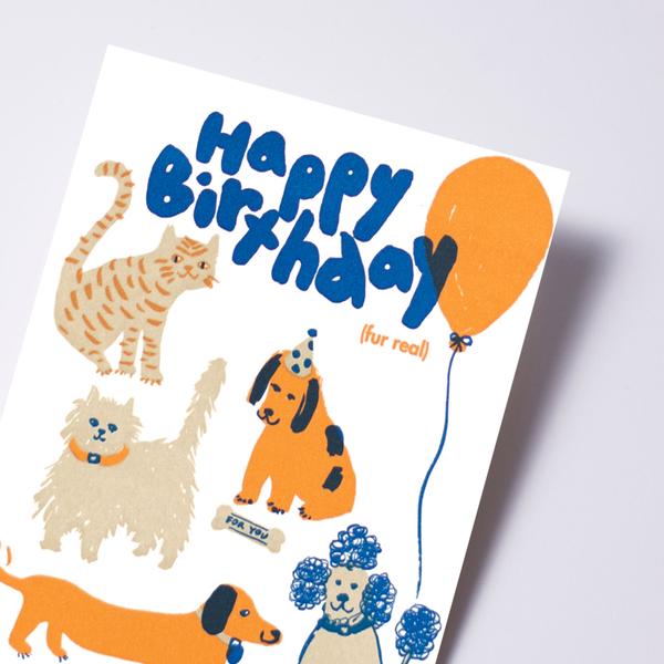 活版印刷　happy birthday　card　（Dog＆Cat）