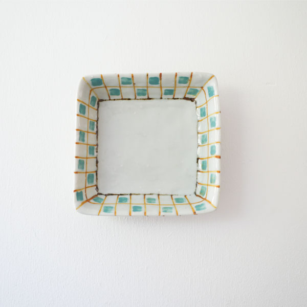 中尾万作　さび格子あさぎキューブ角皿　13×13ｃｍ