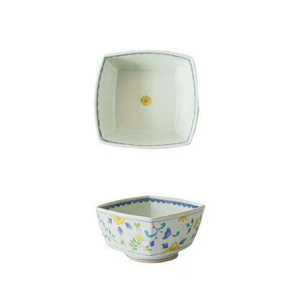 大井寛史・萌子　色絵　青更紗角鉢　9.5cm×9.5cm　H5.5cm