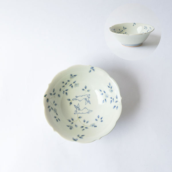 大井寛史・萌子　染付　稜花兎3寸鉢　Φ10.5cm　