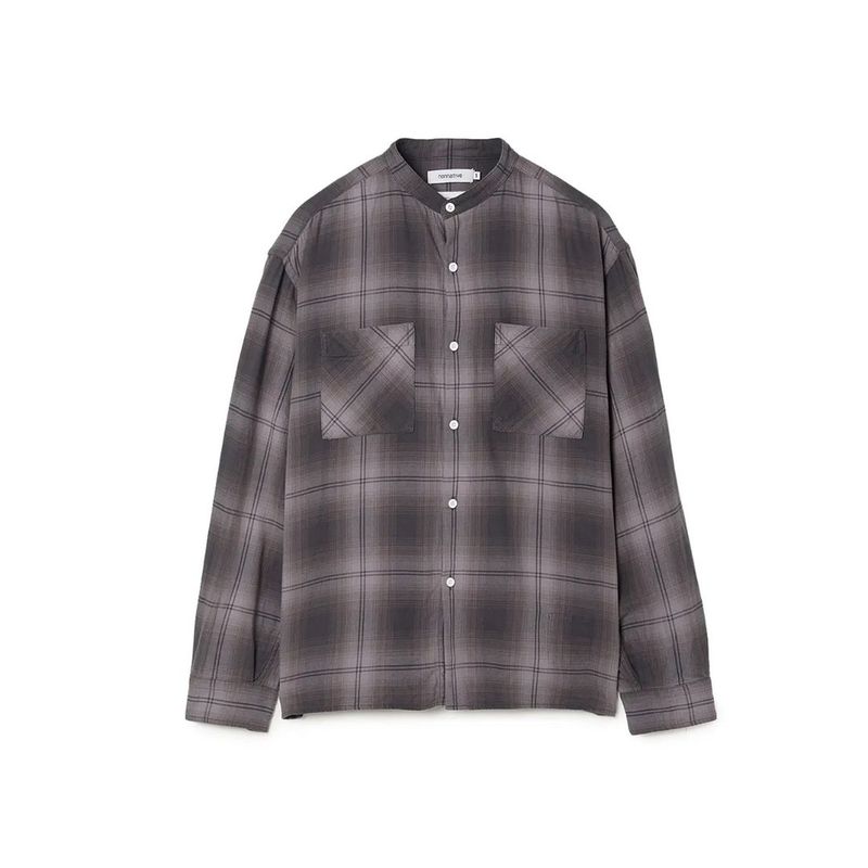 OFFICER STAND COLLAR L/S SHIRT COTTON TWILL OMBRE CHECK by Rafu