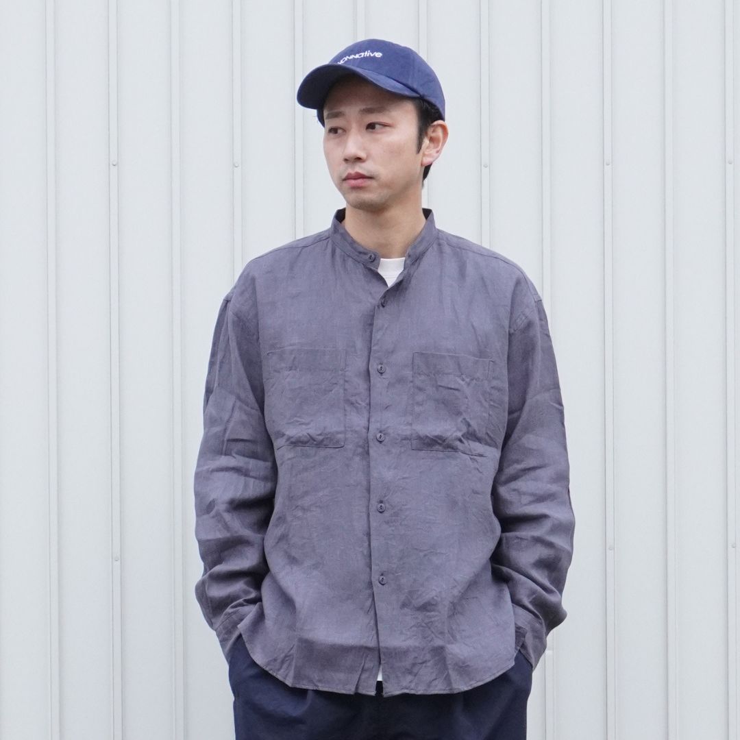 OFFICER STAND COLLAR L/S SHIRT LINEN CANVAS