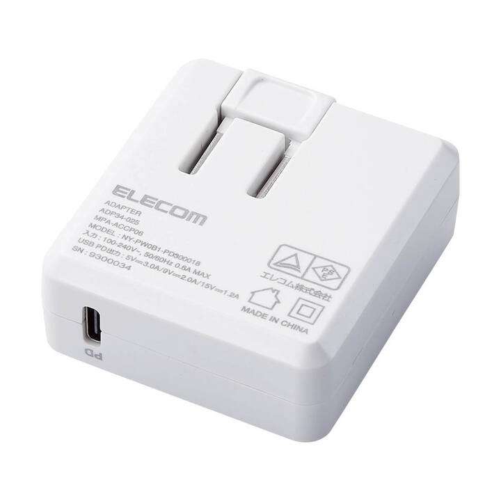 エレコム ELECOM MPA-ACCP06WF USB PD対応 18W USB Type-C x1 ホワイトフェイス コンセントプラグ面