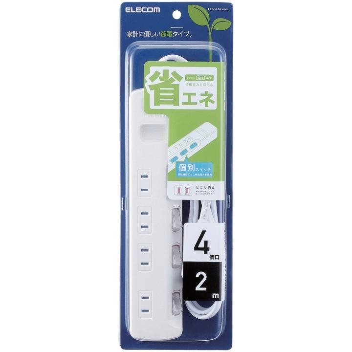 エレコム ELECOM T-E6CA-2420WH 4個口 個別スイッチタップ パッケージ