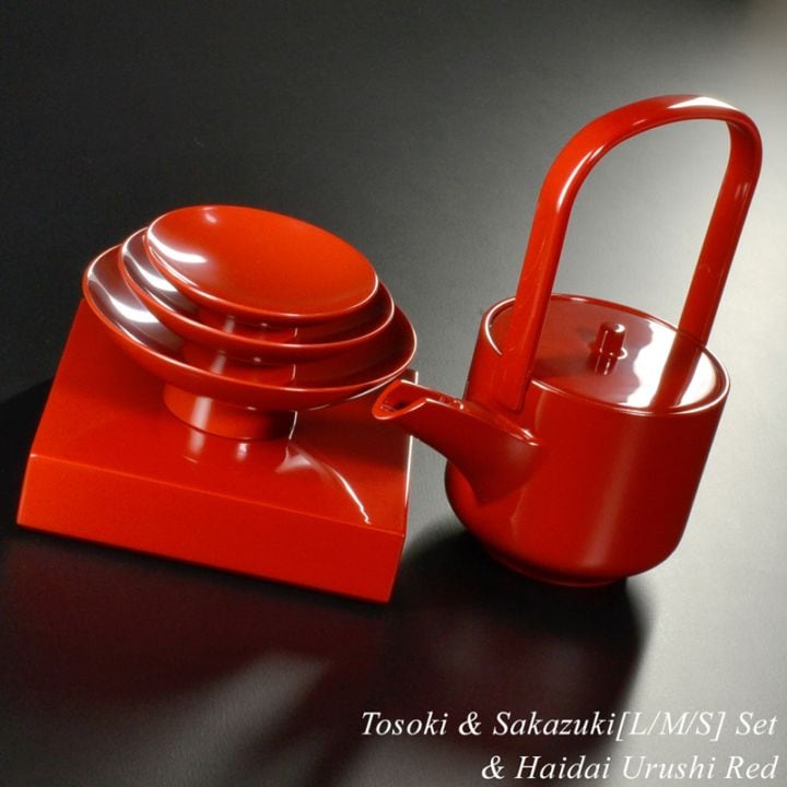 屠蘇器 盃 三つ組セット 盃台付き 朱漆塗り