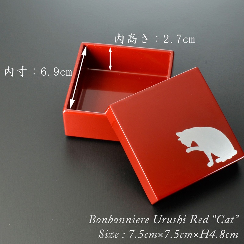 角ボンボニエール 朱漆塗り 猫蒔絵