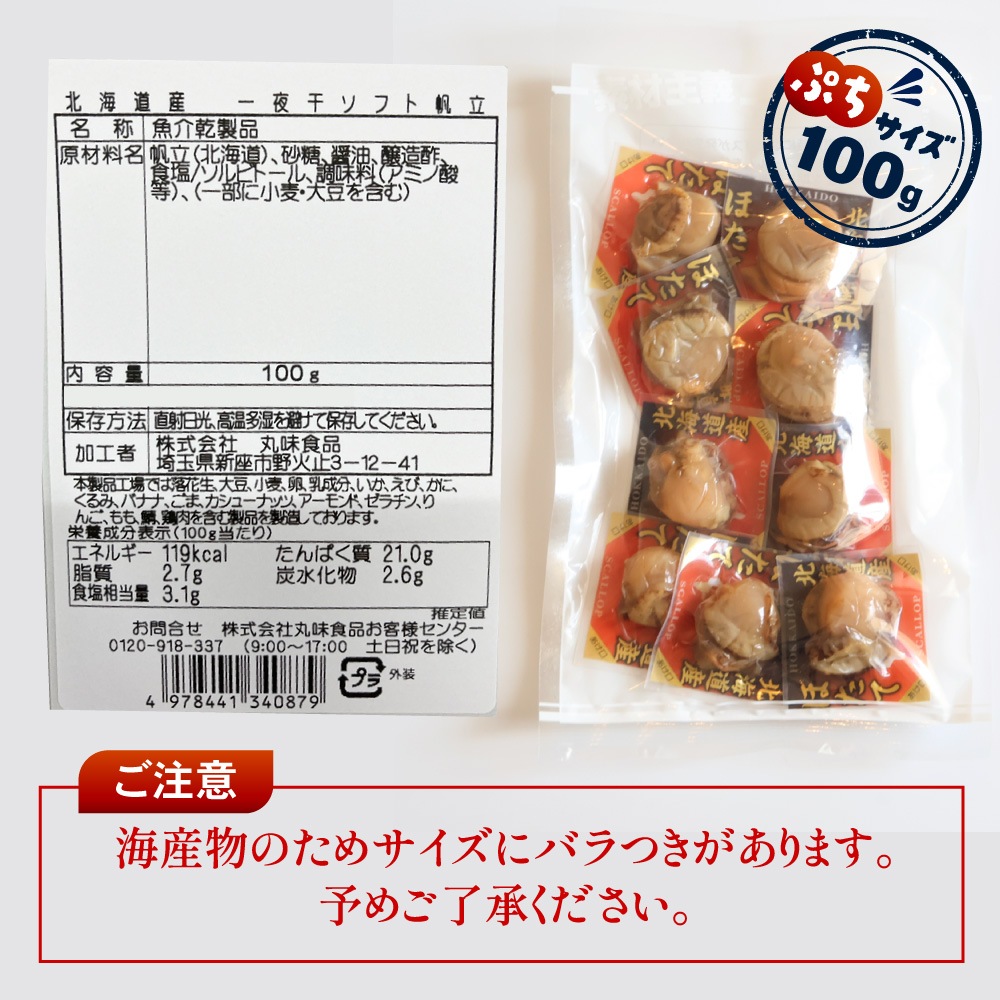 北海道産 一夜干ソフト帆立 100g 送料無料 旨み溢れる ジューシー ホタテ ほたて 北海道 国産 業務用 お徳用 おつまみ 晩酌 メール便 お試し 大容量 訳あり