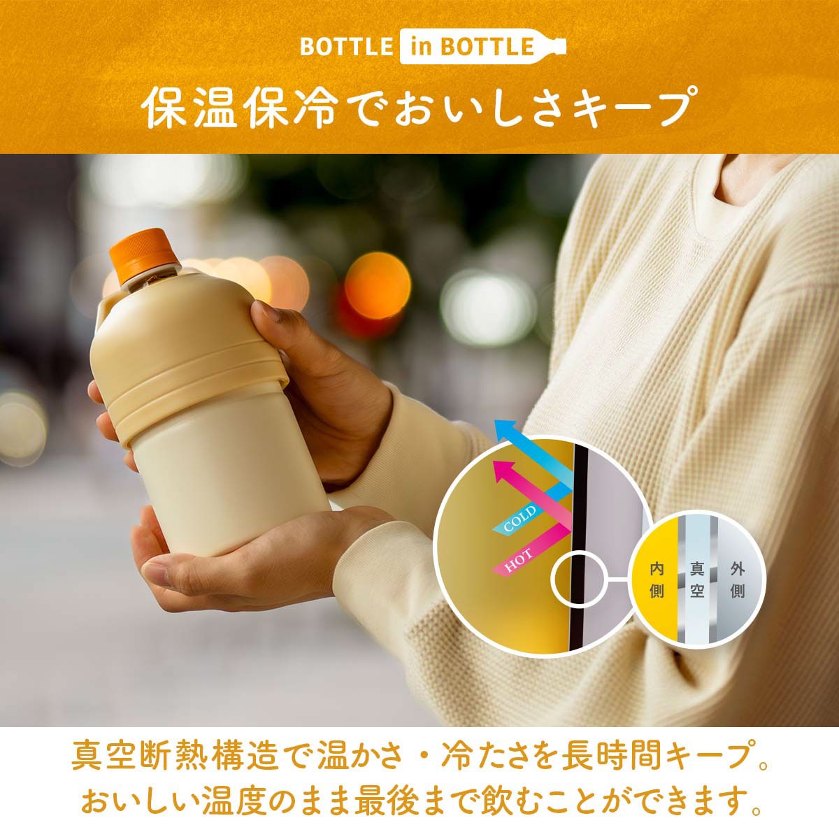 BOTTLE in BOTTLE（ボトルインボトル）ペットボトルホルダー ホット用 Fタイプ 持ち手付き ブラック ABIB-FBK