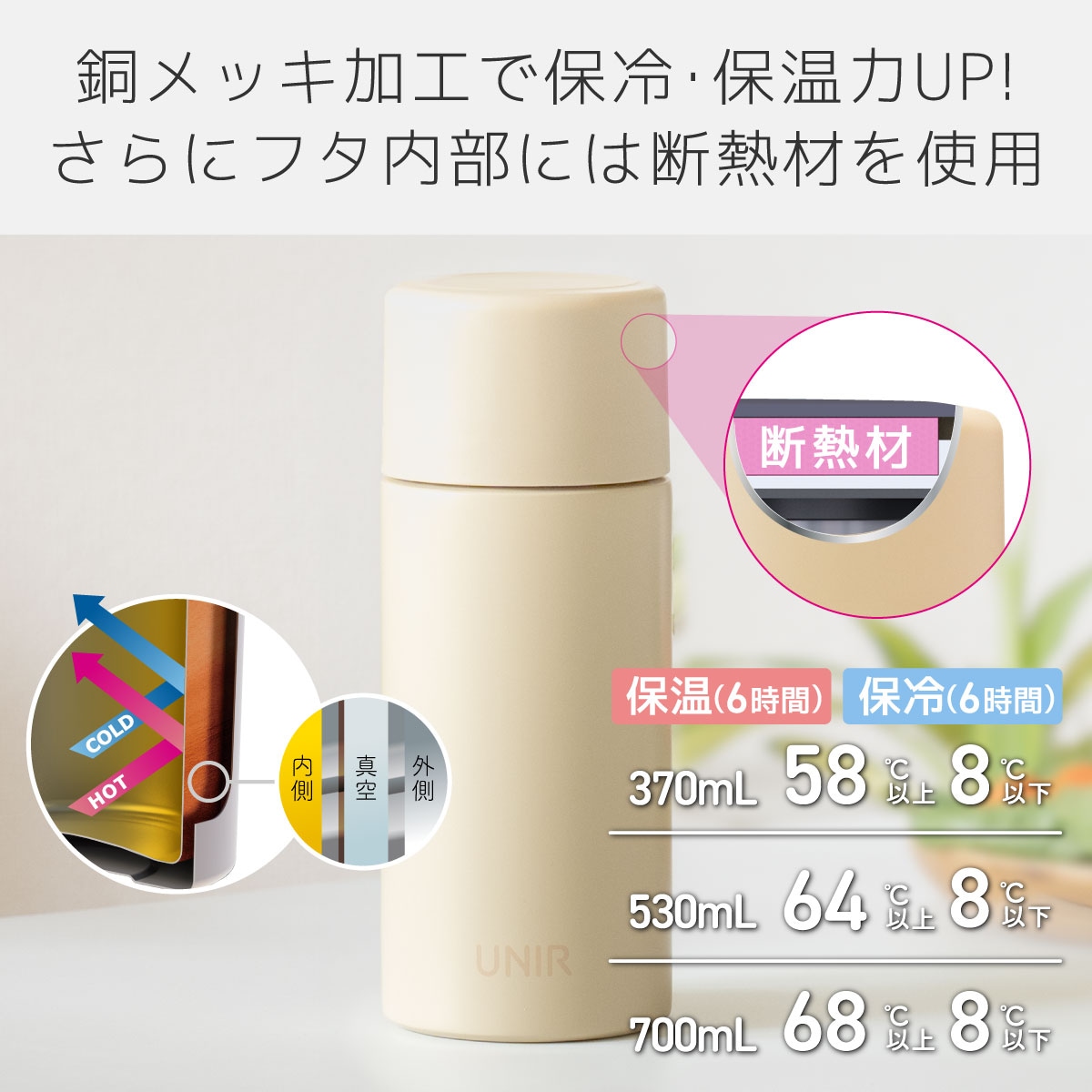 UNIR (ユニール) 洗いやすい シームレスボトル パッキン一体型 530ml
