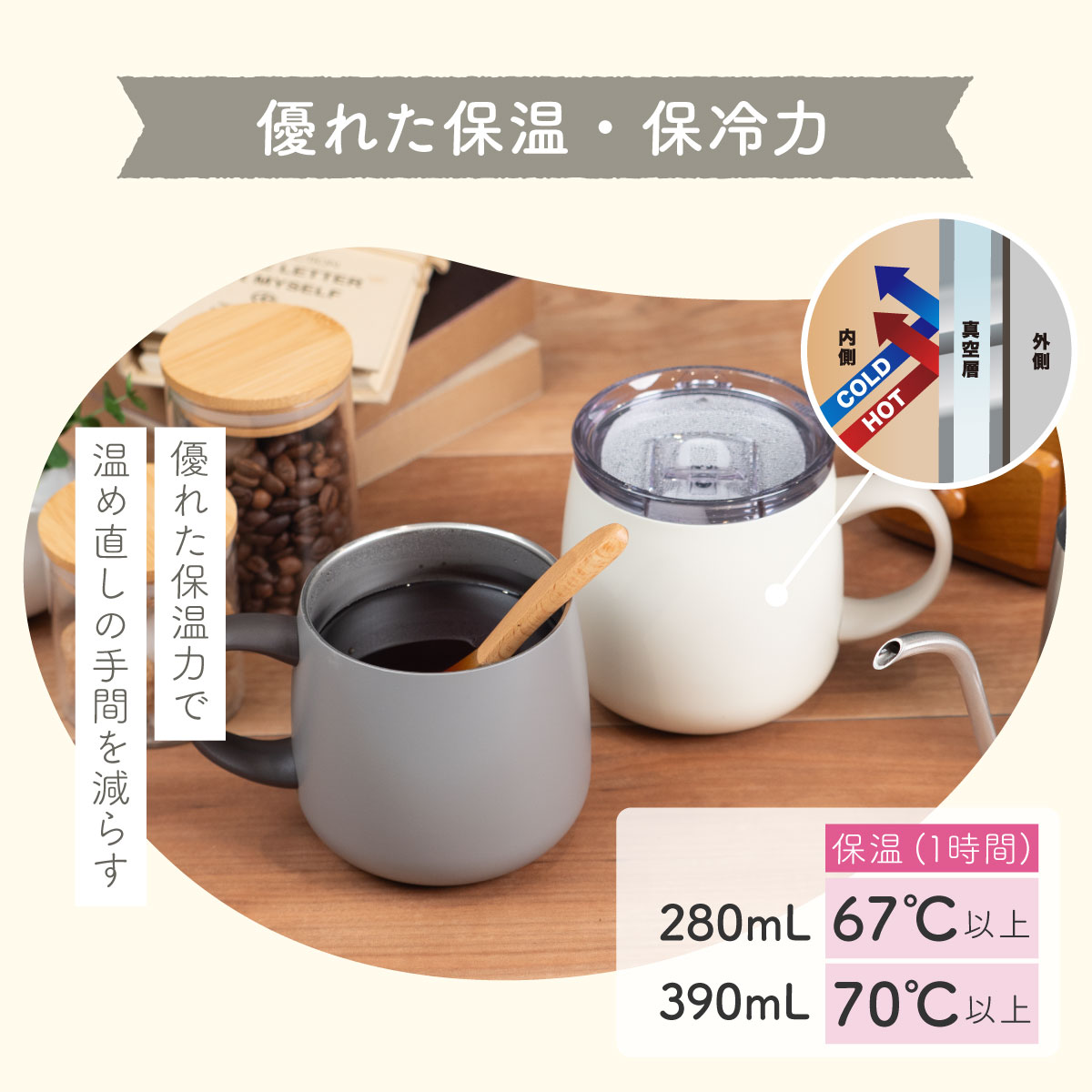 CafeLink(カフェリンク)スライドふた付きマグカップ バニラ アッシュ 390mL 280mL AFSM