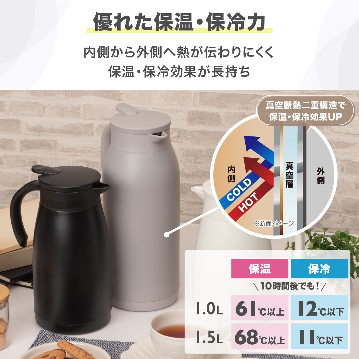 軽量スリムステンレス卓上ポット 1.0L 1.5L ブラック グレー オフホワイト ATPシリーズ