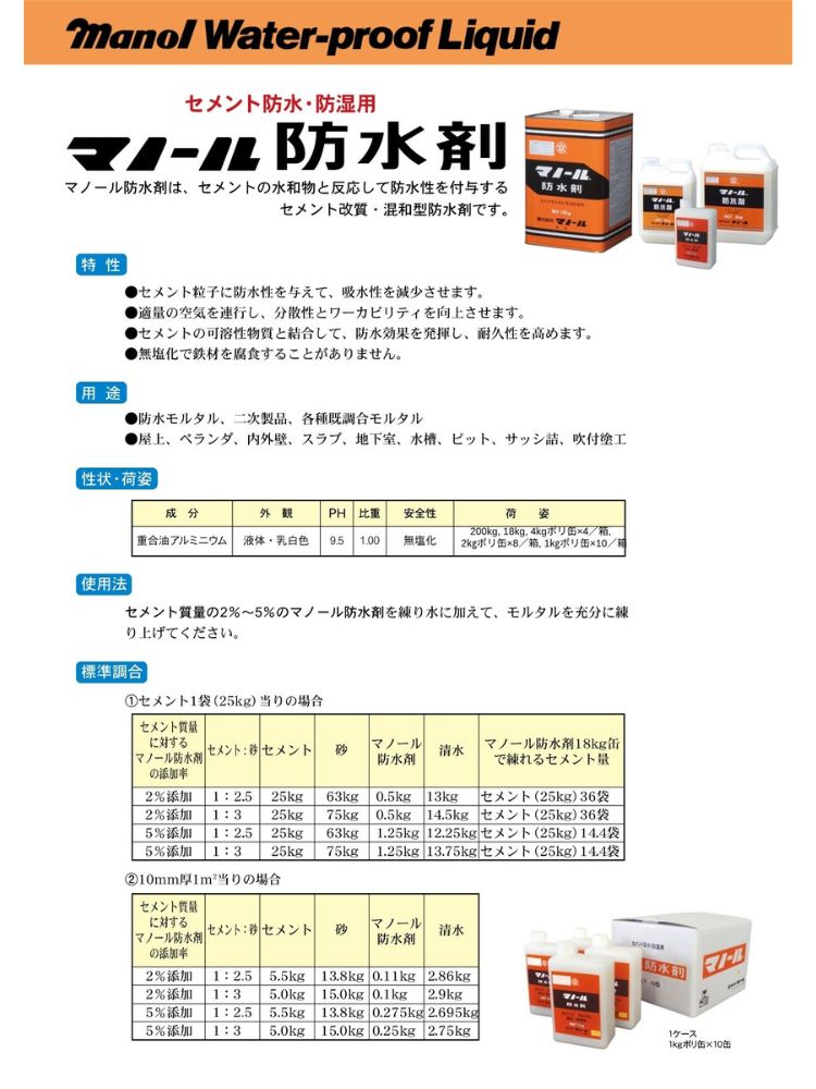 マノール セメント防水・防湿用 防水材 4kg
