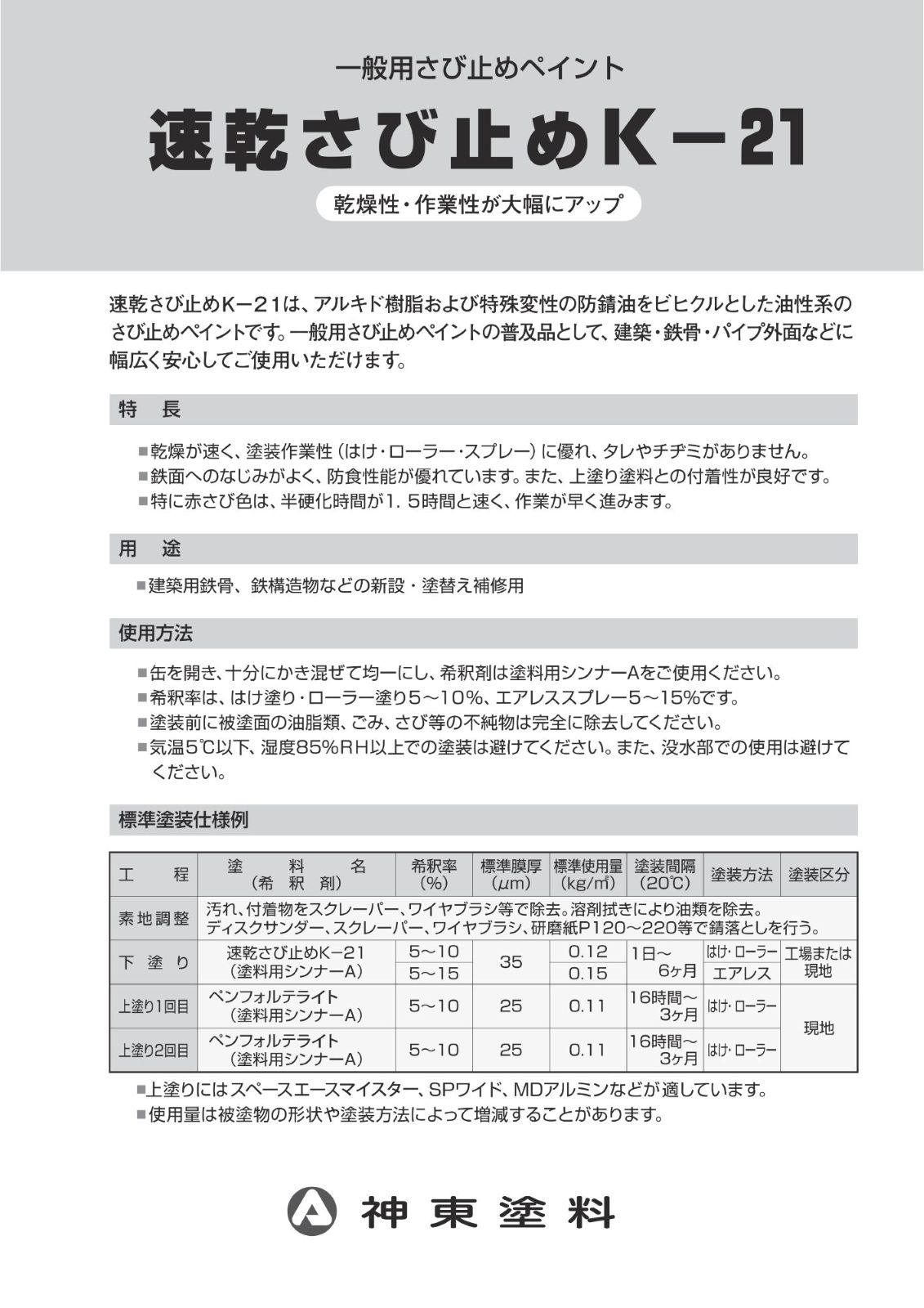 神東塗料　一般用錆止めペイント　速乾さび止め　K－２１　ねずみ色　４ｋｇ