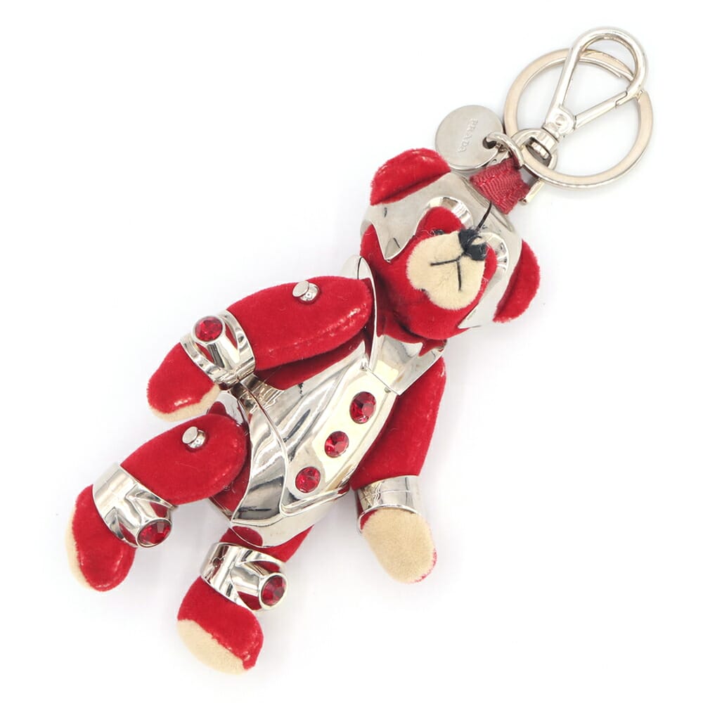 プラダ キーホルダー ベア ロボット ベロア メタル レッド シルバー