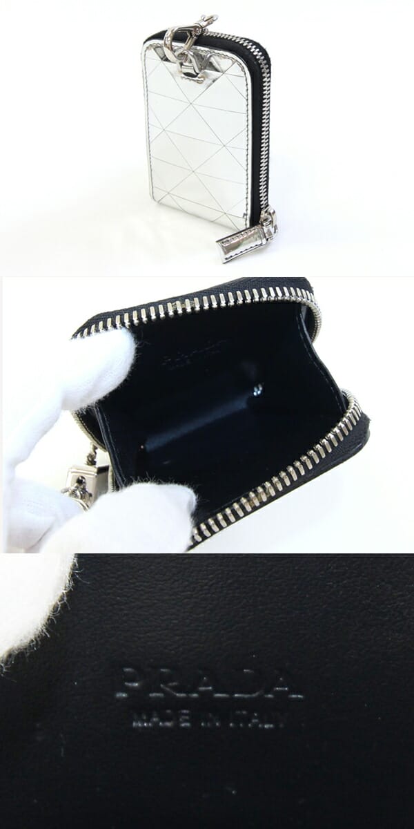 PRADA シルバー レザーポーチ プラダ ネックポーチ 2TL441 シルバー ブラック レザー メタル
