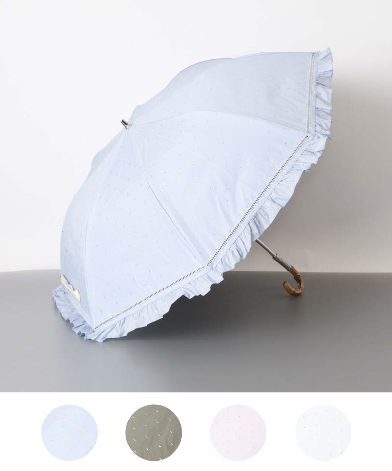 か*の様 新品52982　ジルスチュアート＊フリル　ブルー　刺繍 晴雨兼用日傘雨 晴雨兼用傘