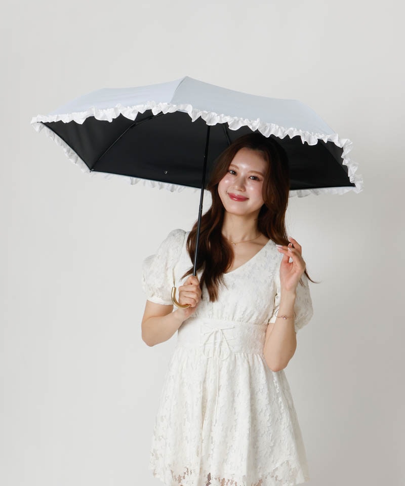 【dazzlin（ダズリン）】ストライプ・ドットフリル晴雨兼用傘（折りたたみ）