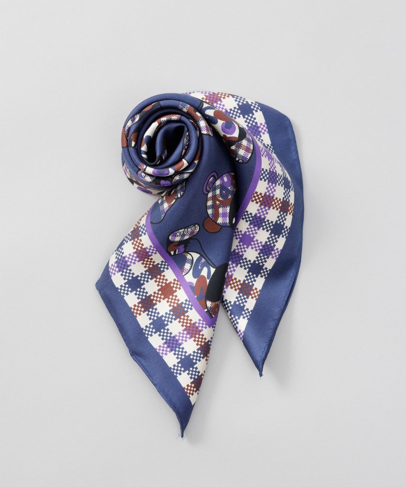 【 Aquascutum（アクアスキュータム）】175周年記念　クラブチェック×ベア　シルクプリントセミスカーフ