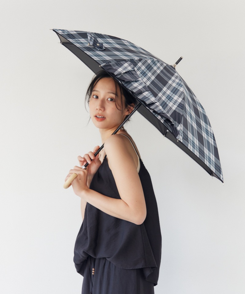 【Ungrid（アングリッド）】ワンポイントフリルチェック柄プリント晴雨兼用傘（長傘）