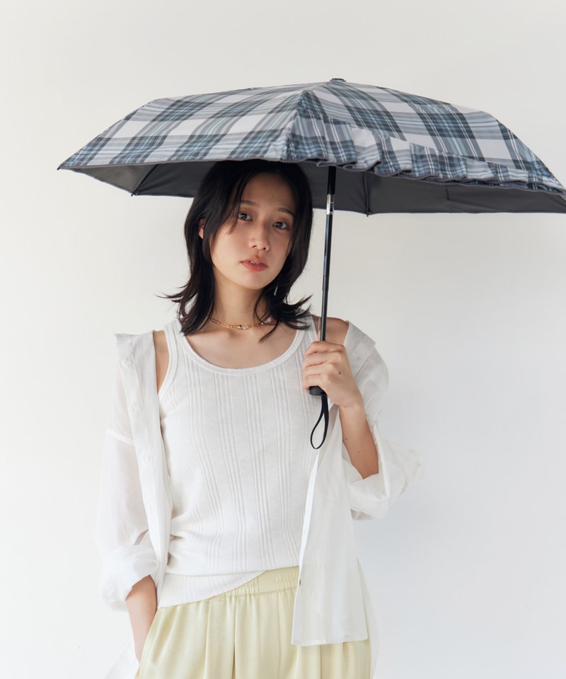 【Ungrid（アングリッド）】ワンポイントフリルチェック柄プリント晴雨兼用傘（折りたたみ）