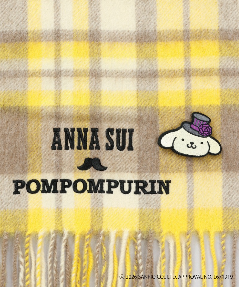 【 ANNA SUI（アナ スイ）】ANNA SUI x ポムポムプリン 刺しゅうブローチ付きチェックマフラー