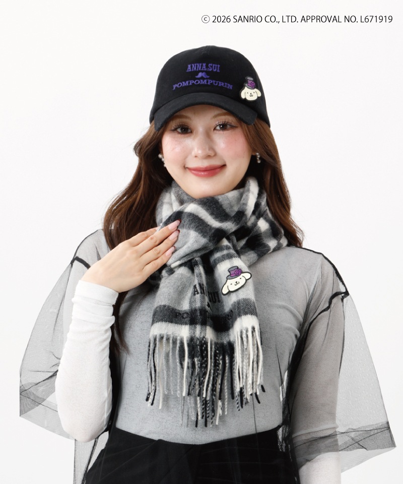 【 ANNA SUI（アナ スイ）】ANNA SUI x ポムポムプリン 刺しゅうブローチ付きチェックマフラー