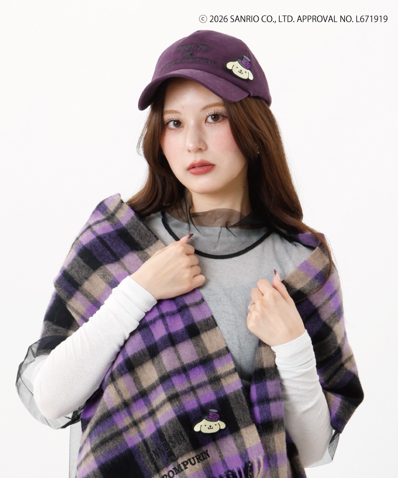 【 ANNA SUI（アナ スイ）】ANNA SUI x ポムポムプリン 刺しゅうブローチ付きチェックマフラー