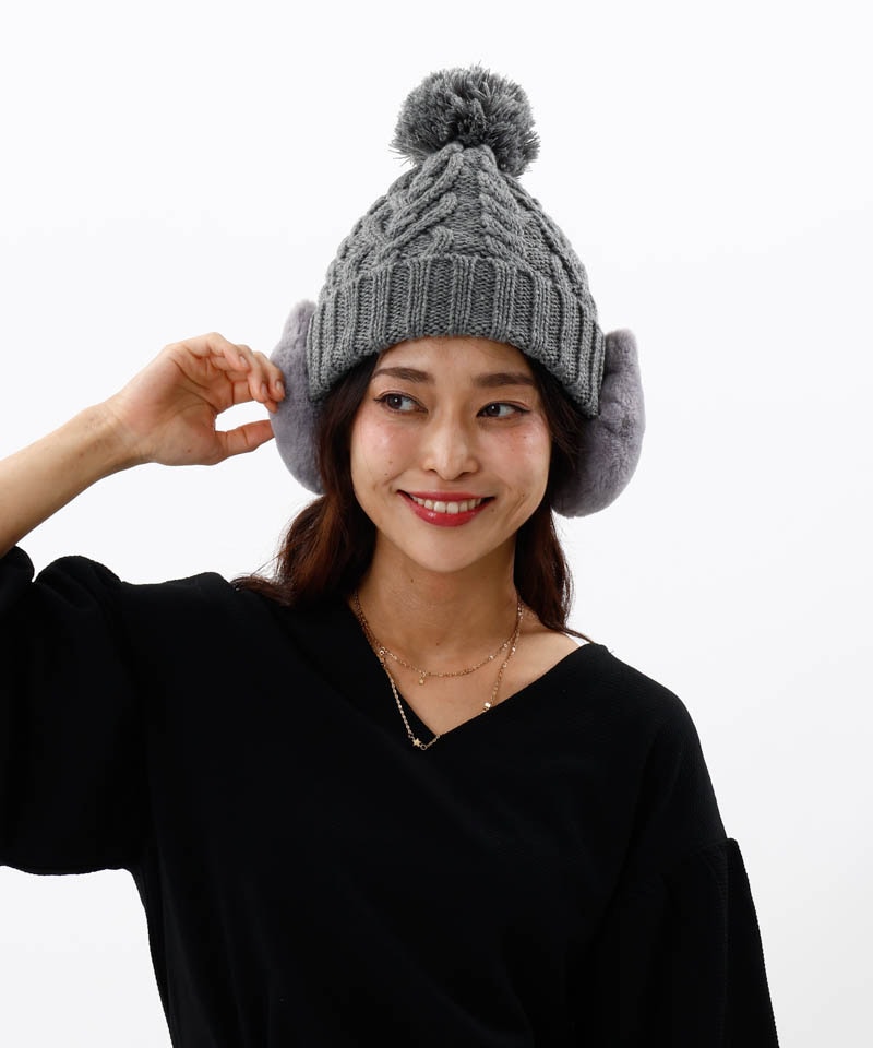 耳あて付きニット帽 黒とグレー ストライプ ANNA SUI（アナ スイ）】ネコ耳当てニットワッチ帽子一覧｜オーロラ