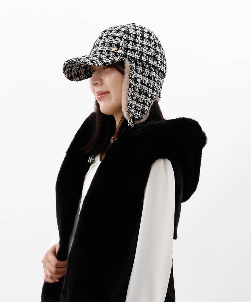 【 Beaurance （ビューランス）】ツイードファーフライトキャップ