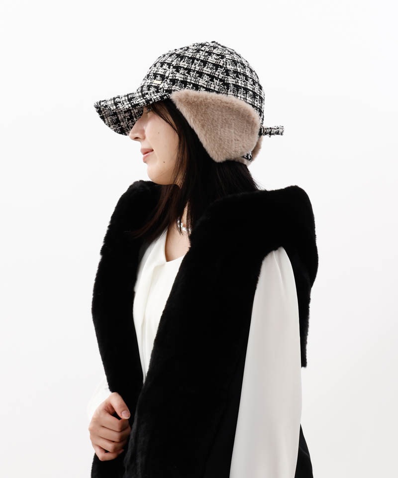 【 Beaurance （ビューランス）】ツイードファーフライトキャップ