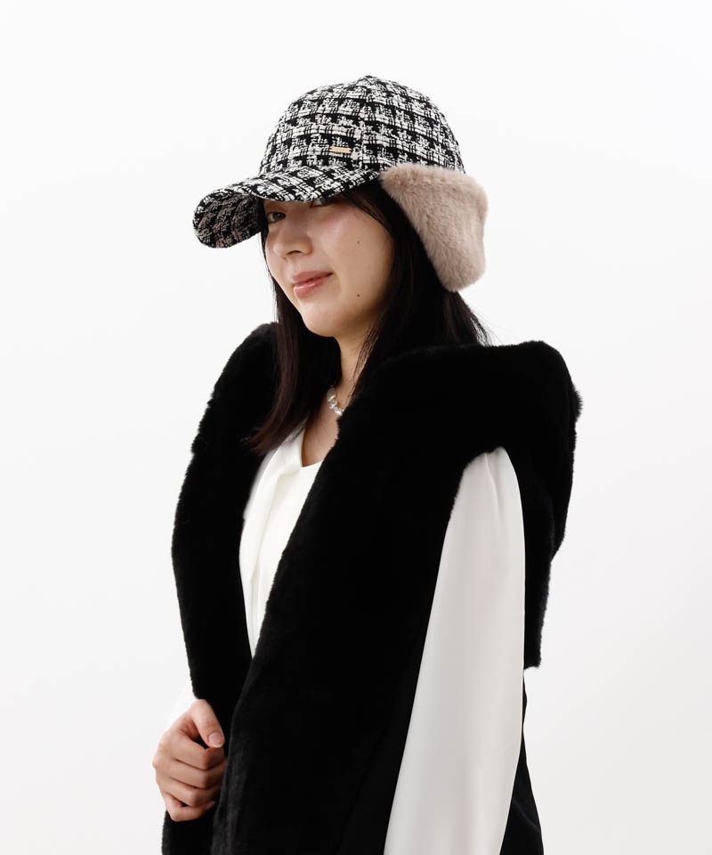 【 Beaurance （ビューランス）】ツイードファーフライトキャップ