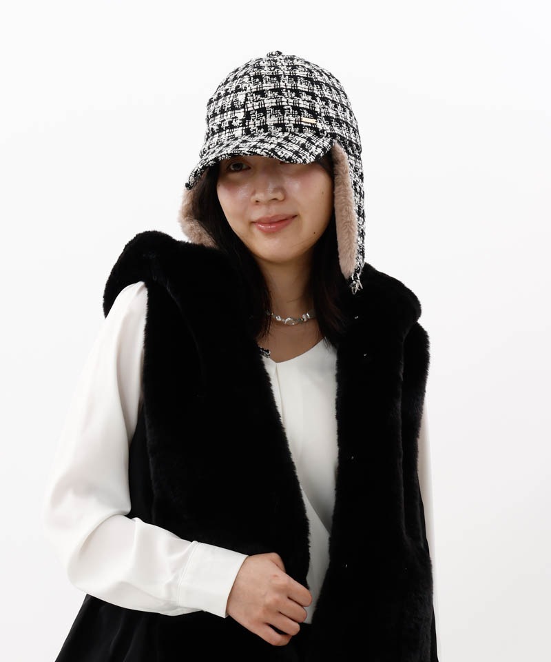 【 Beaurance （ビューランス）】ツイードファーフライトキャップ