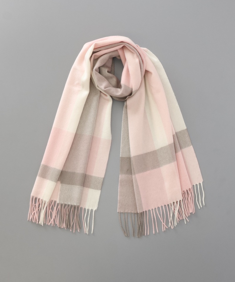 ランバンオンブルー カシミヤ マフラー チェック アイボリー ピンク 箱付き LANVIN en Bleu （ランバン オン ブルー）】カシミヤ100%チェック