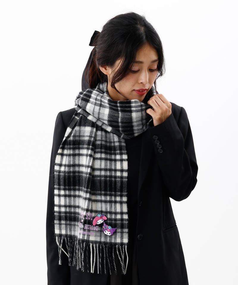 【 ANNA SUI（アナ スイ）】マイメロディ&クロミ 刺しゅうブローチ付きチェックマフラー